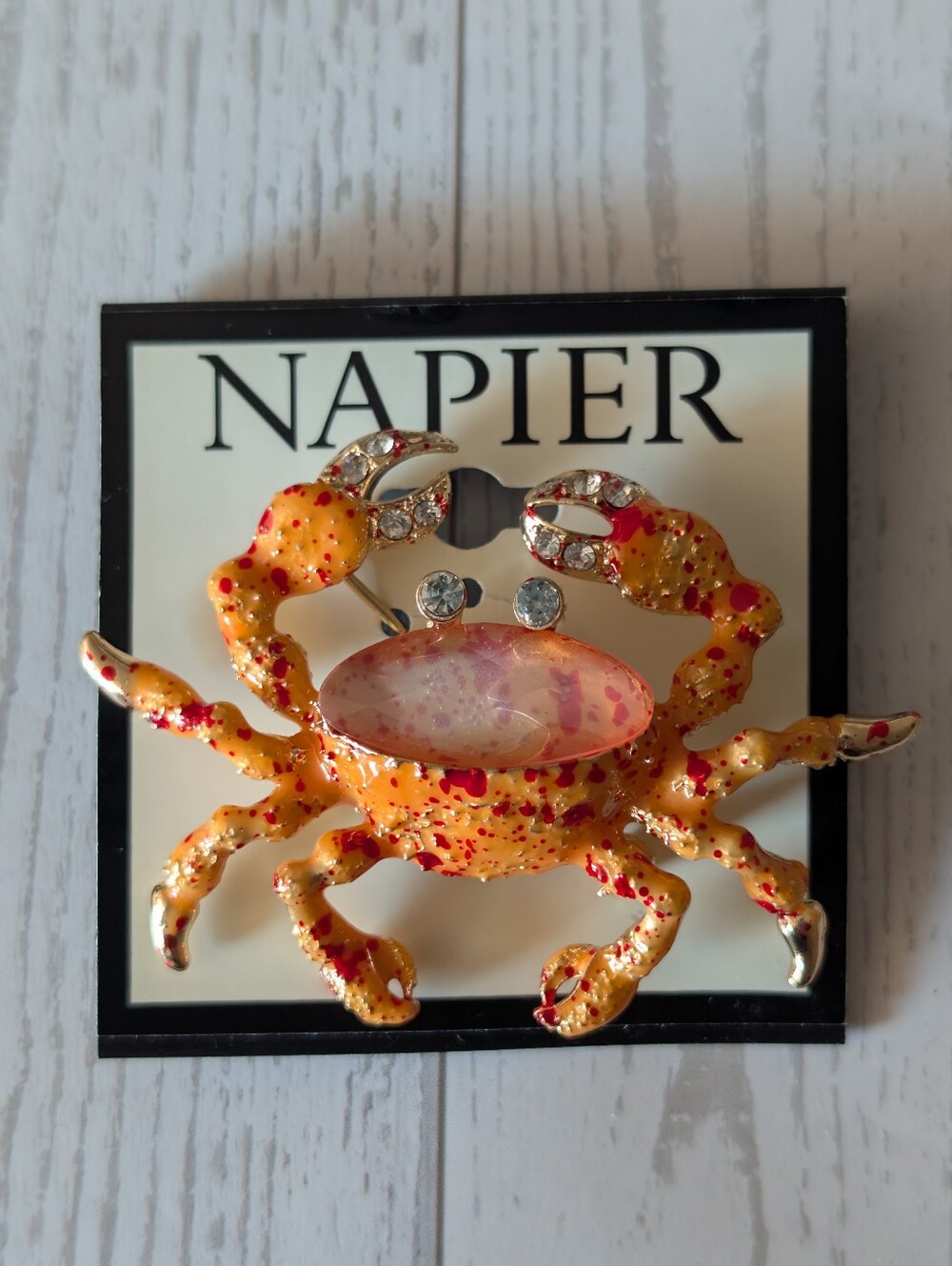 RETIRED NAPIER BROOCH CRAB PIN GOLD TONE RED ORANGE ACCENT CRYSTALS NEW